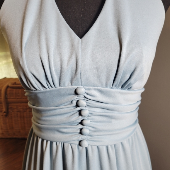 VINTAGE 70'S PALE BLUE RUFFLE HALTER CORSET WAIST MAXI DRESS - Picture 5 of 10